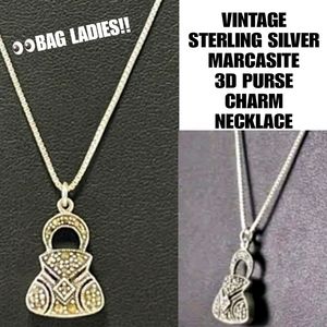 TRUE VINTAGE STERLING SILVER BOX CHAIN W MARCASITE PURSE BAG CHARM Necklace
